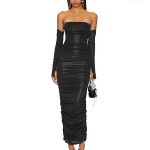 REVOLVE Black Strapless Ruched Midi Dress with Detachable Long Sleeves